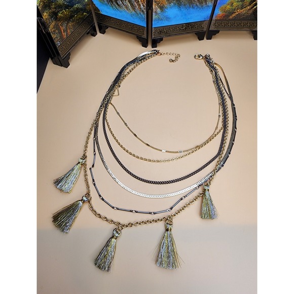 Vtg CHARMING CHARLIE Signed Multi-Strand Tassle Necklace Mixed Metal FREE $HIP!! - Picture 1 of 6